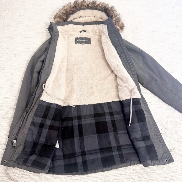 EDDIE BAUER Ladder Creek High-Pile Women's Gray Parka Faux Fur Hood Cinch Waist - Picture 10 of 16